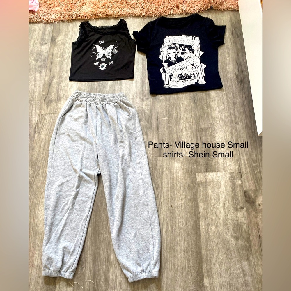 Gray Sweats and two graphic tees
